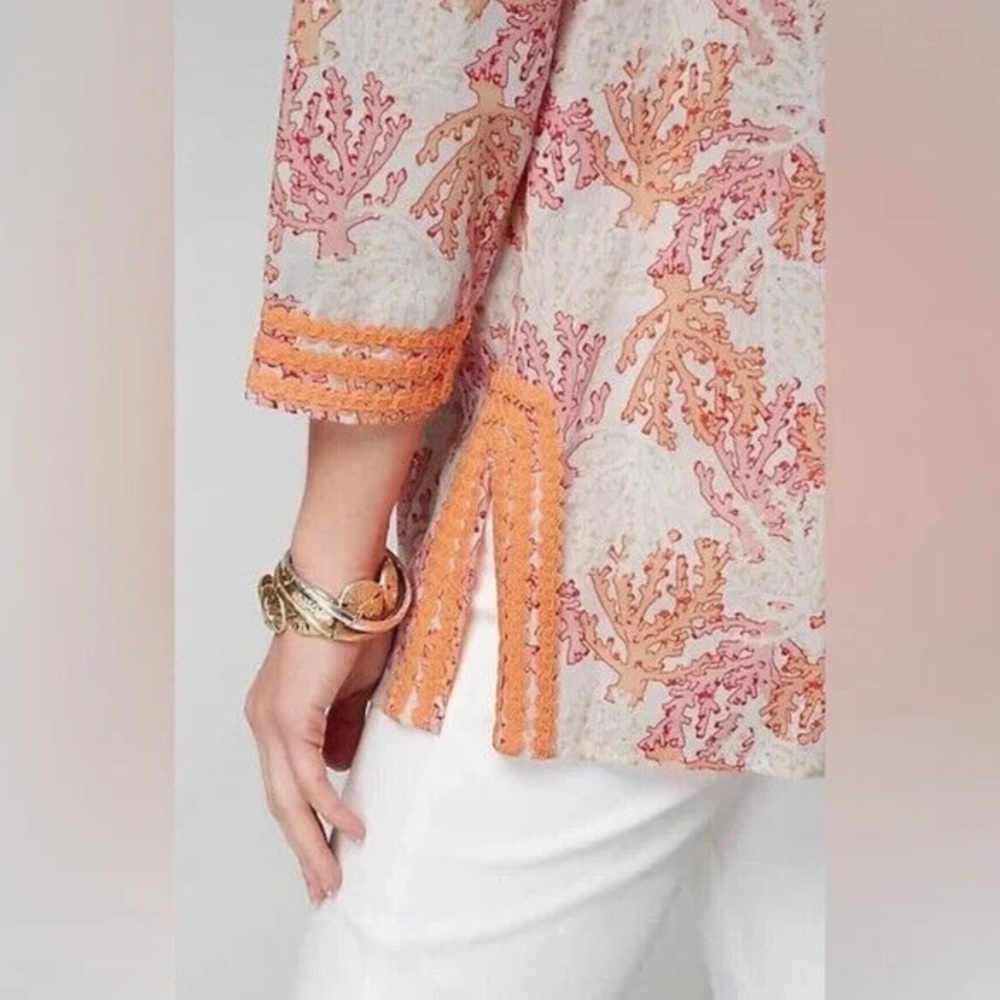 𪸠J. Jill sz.S Orangeâ Multi Linen Blend Coral Reef Print Tunic Top Blouse - Picture 3 of 16